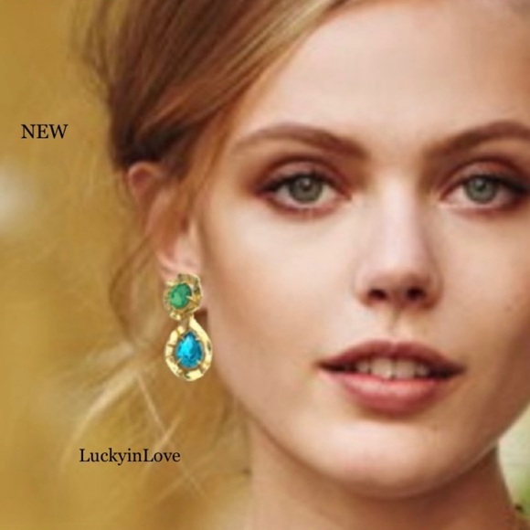 ALEXIS BITTAR• Gold Crystal Rainbow Blue Antiquities Mismatched Ruffled Earrings - Picture 9 of 10